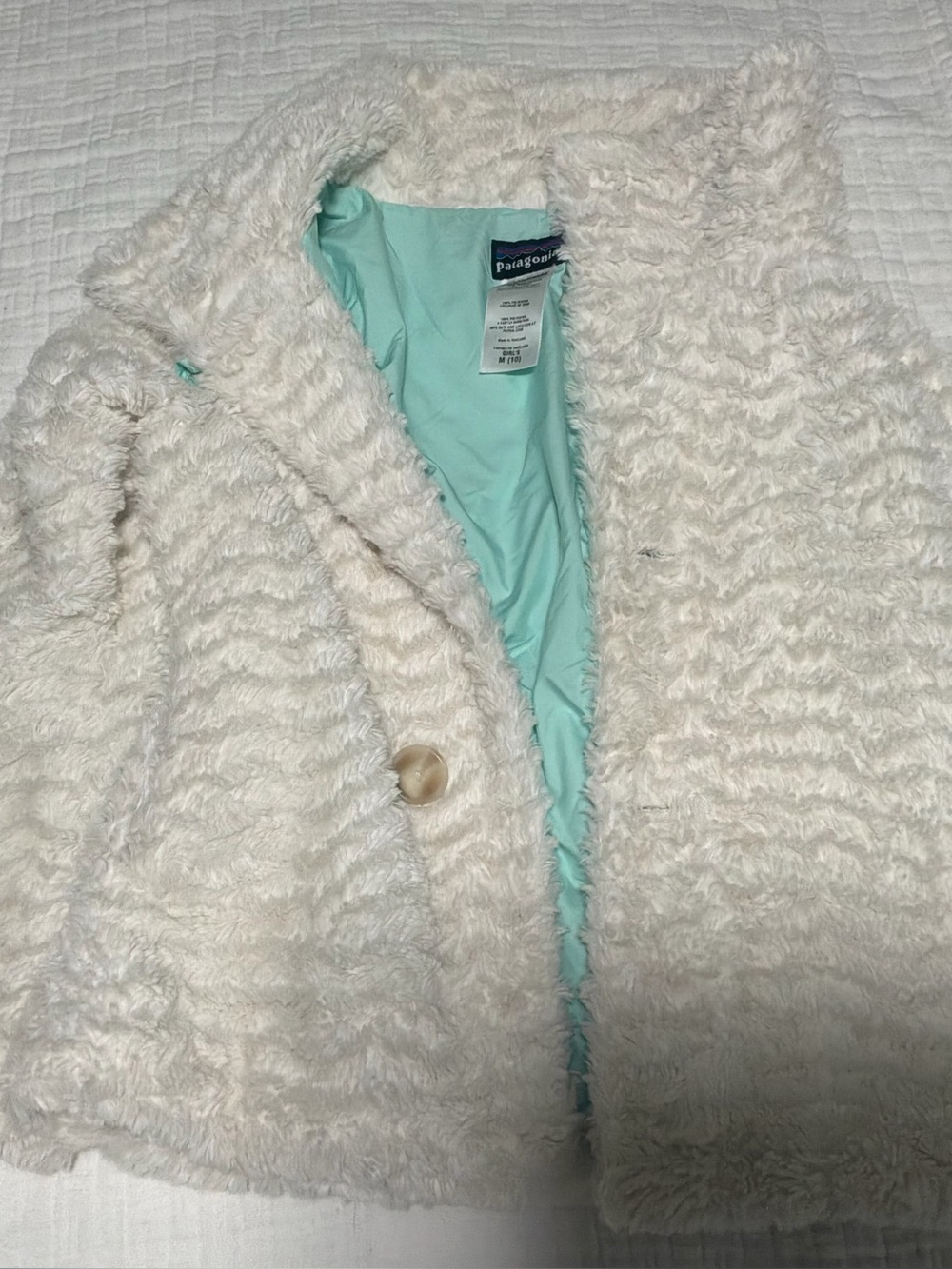 Patagonia Kids Cream Teddy Jacket with Mint Aqua Lining